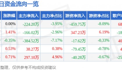 股票行情快报：通宝能源（600780）4月22日主力资金净卖出224.20万元