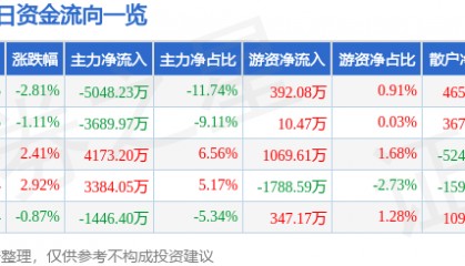 股票行情快报：露笑科技（002617）12月13日主力资金净卖出5048.23万元
