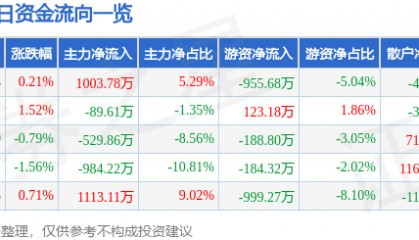股票行情快报：时代新材（600458）3月21日主力资金净买入1003.78万元