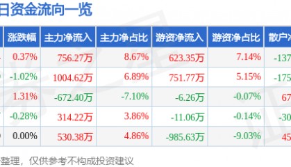 股票行情快报：珠江啤酒（002461）5月13日主力资金净买入756.27万元