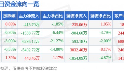 股票行情快报：江苏雷利（300660）6月4日主力资金净卖出415.70万元