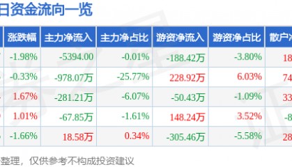 股票行情快报：扬子新材（002652）3月13日主力资金净卖出5394.00元