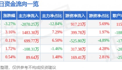 股票行情快报:华伍股份(300095)10月14日主力资金净卖出2070.25万元