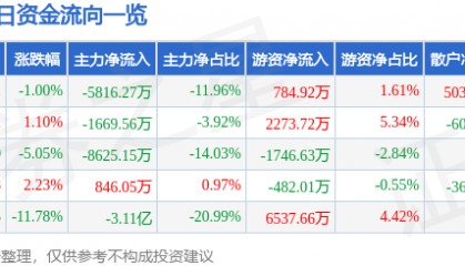 股票行情快报:华伍股份(300095)7月29日主力资金净卖出5816.27万元