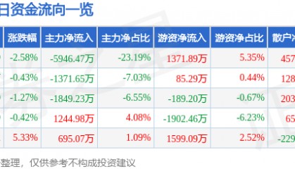 股票行情快报：建投能源（000600）5月30日主力资金净卖出5946.47万元