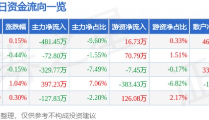 股票行情快报：金陵药业（000919）3月13日主力资金净卖出481.45万元