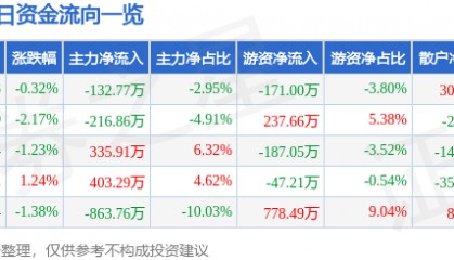 股票行情快报：金陵药业（000919）1月13日主力资金净卖出132.77万元