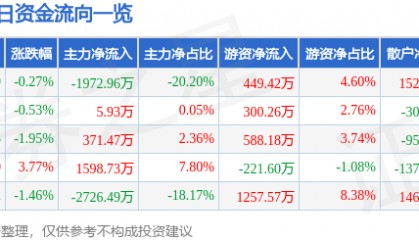 股票行情快报：仁智股份（002629）8月13日主力资金净卖出1972.96万元