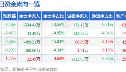股票行情快报：沙河股份（000014）1月13日主力资金净卖出594.41万元