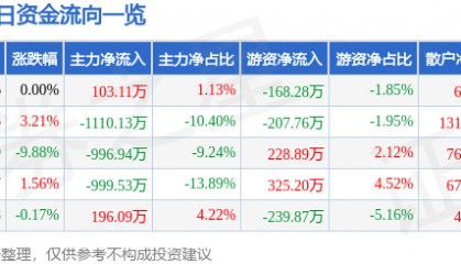 股票行情快报：通宝能源（600780）4月9日主力资金净买入103.11万元