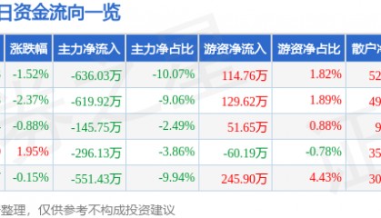 股票行情快报：金陵药业（000919）1月2日主力资金净卖出636.03万元