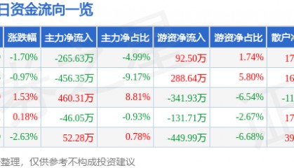 股票行情快报：沙河股份（000014）12月31日主力资金净卖出265.63万元