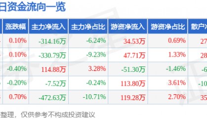 股票行情快报：沙河股份（000014）2月6日主力资金净卖出314.16万元