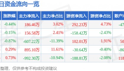 股票行情快报：恒源煤电（600971）9月29日主力资金净买入186.46万元