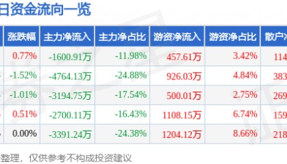 股票行情快报：实达集团（600734）8月11日主力资金净卖出1600.91万元