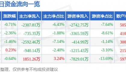 股票行情快报：华鲁恒升（600426）1月3日主力资金净卖出2307.81万元
