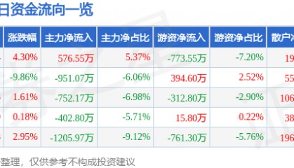 股票行情快报：云南旅游（002059）4月8日主力资金净买入576.55万元