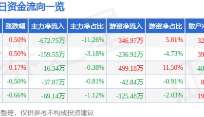 股票行情快报：通宝能源（600780）5月20日主力资金净卖出672.75万元