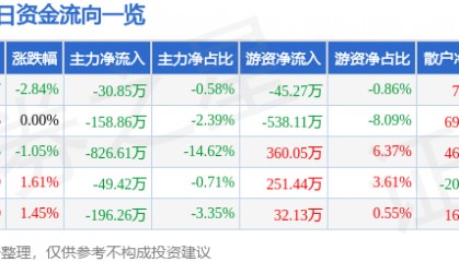 股票行情快报：开尔新材（300234）8月14日主力资金净卖出30.85万元