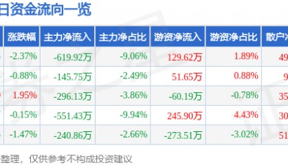 股票行情快报：金陵药业（000919）12月31日主力资金净卖出619.92万元