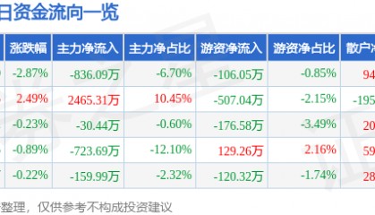 股票行情快报：成都路桥（002628）3月24日主力资金净卖出836.09万元