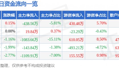 股票行情快报：长城电工（600192）3月12日主力资金净卖出438.56万元