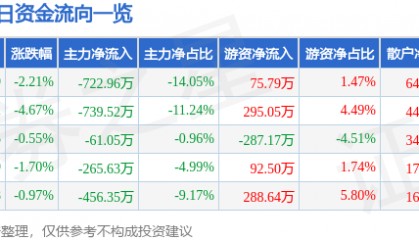 股票行情快报：沙河股份（000014）1月6日主力资金净卖出722.96万元