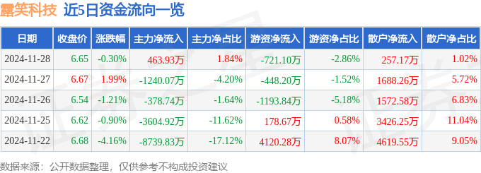 股票行情快报：露笑科技（002617）11月28日主力资金净买入463.93万元
