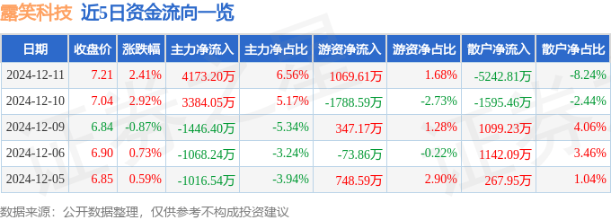 股票行情快报：露笑科技（002617）12月11日主力资金净买入4173.20万元