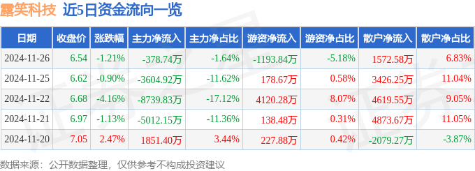 股票行情快报：露笑科技（002617）11月26日主力资金净卖出378.74万元