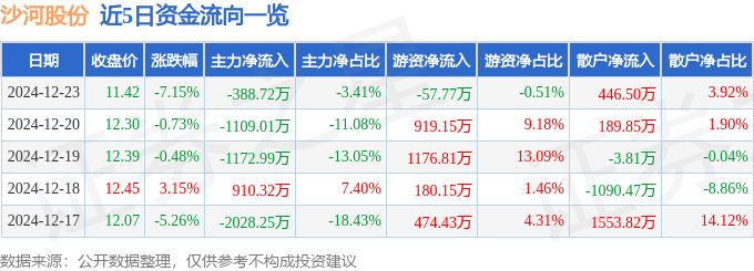 股票行情快报：沙河股份（000014）12月23日主力资金净卖出388.72万元