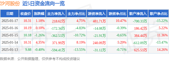 股票行情快报：沙河股份（000014）1月17日主力资金净买入218.62万元
