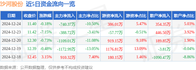 股票行情快报：沙河股份（000014）12月24日主力资金净卖出740.37万元