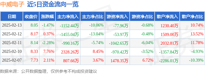 股票行情快报：中威电子（300270）2月13日主力资金净卖出1152.44万元
