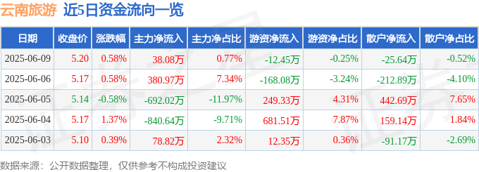 股票行情快报：云南旅游（002059）6月9日主力资金净买入38.08万元