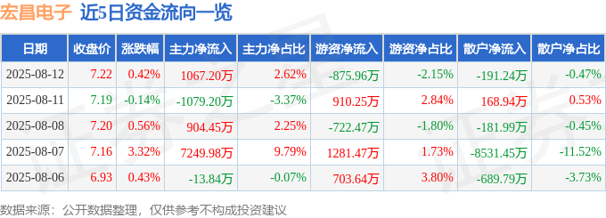 股票行情快报：宏昌电子（603002）8月12日主力资金净买入1067.20万元